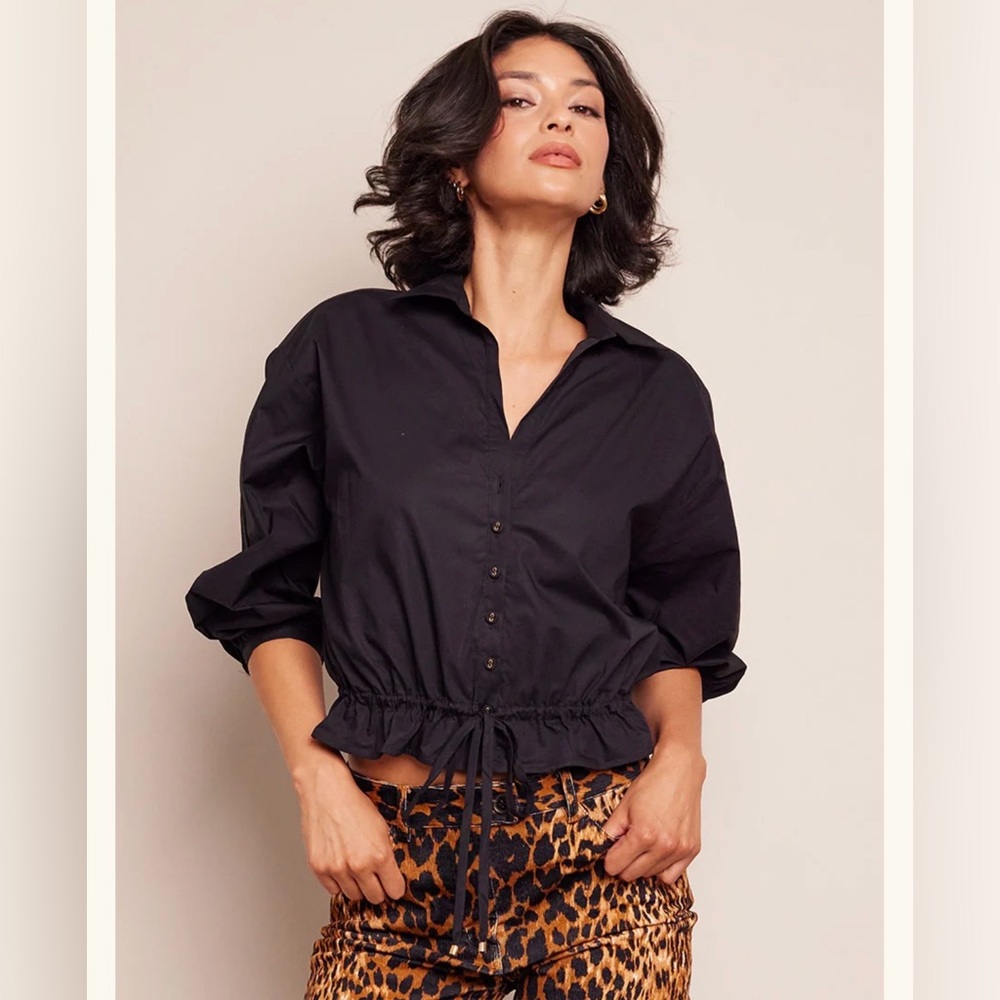 Cara Cara Hutton Top Black Cotton Poplin Cropped Button Up Women's XS Drawstring